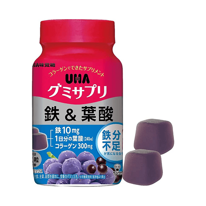 【日本直邮】UHA悠哈 铁和叶酸补充剂软糖 巴西莓混合口味 60粒