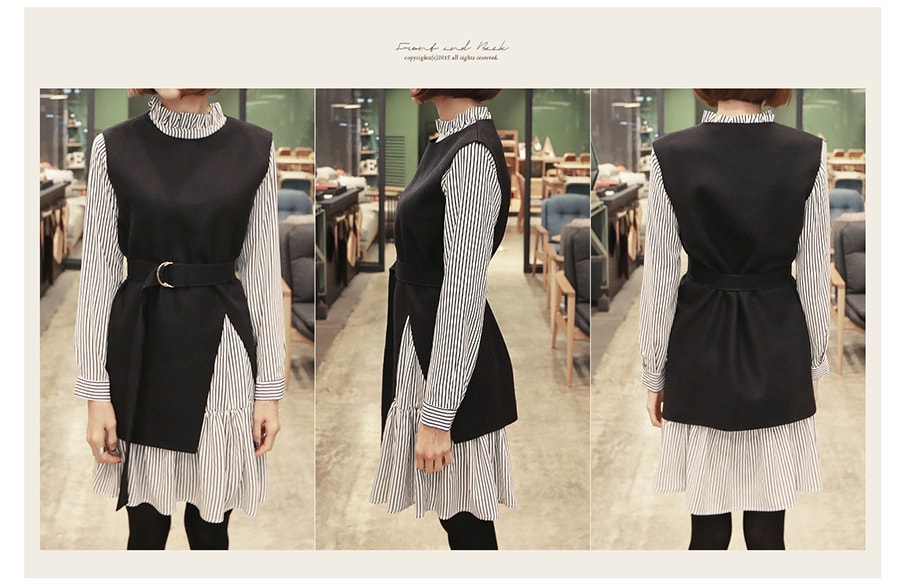 [Autumn New] Wool Blend Vest and Striped frill dress 2 Pieces Set Black&Navy One Size(S-M)