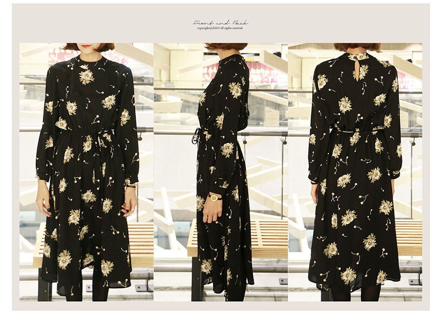[Limited Quantity Sale] Floral Print Flare Dress Black One Size(S-M)