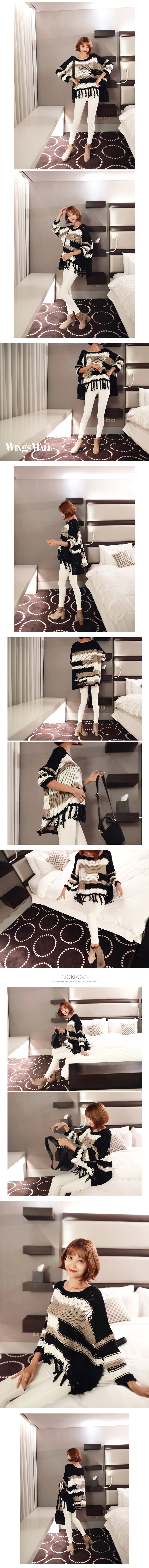 [Autumn New] Color-Block Patchwork Tassel Knit Sweater Black One Size(Free)