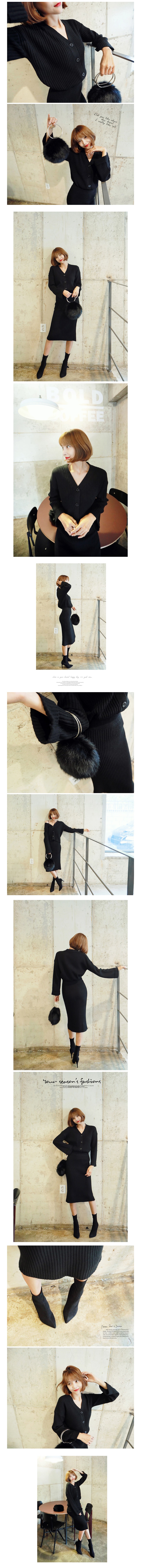 韩国正品 MAGZERO 棱纹羊毛编制开襟衫+包身裙两件套 #黑色 均码(S-M) [免费配送]
