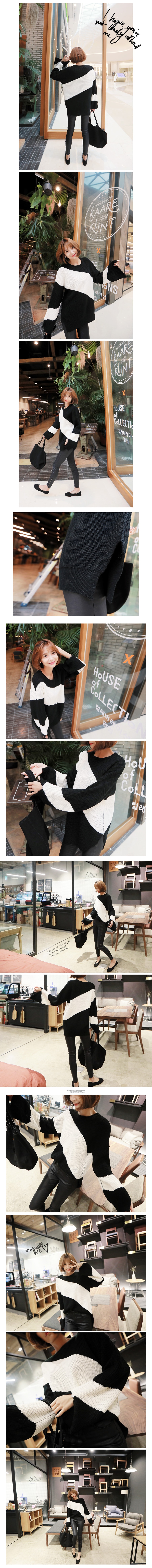 [Autumn New] Oblique Colorblock Knit Sweater Black One Size(S-M)