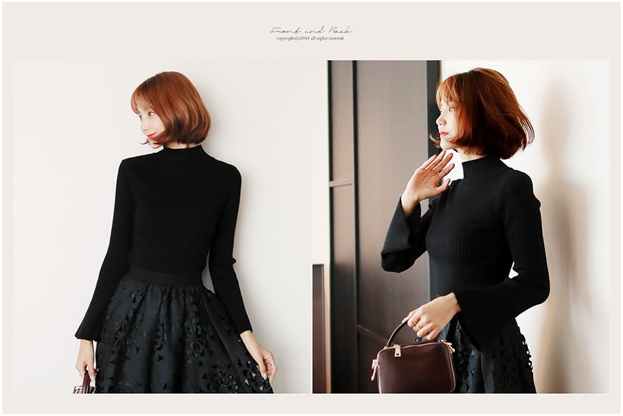 KOREA Mock-Neck Bell Sleeve Ribbed Knit Top Black One Size(S-M) [Free Shipping]