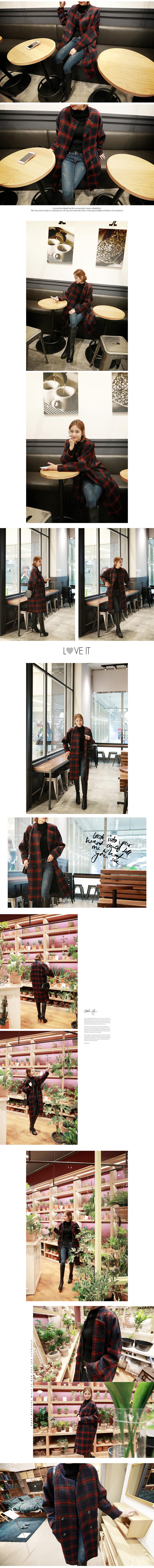 KOREA Oversized Double Breasted Checked Long Coat Red One Size(Free) [Free Shipping]