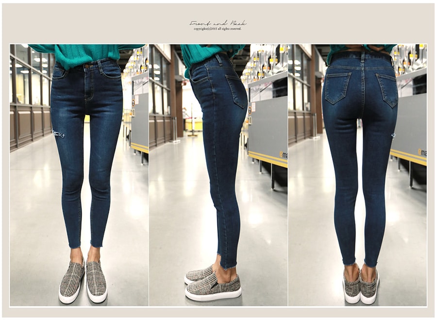 KOREA Destroyed Cropped Skinny Jeans Blue M(27-28) [Free Shipping]