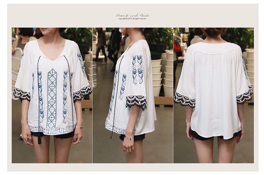 Ethnic Embroidered Bell Sleeve Tassel Tie White Blouse One Size(S-M)