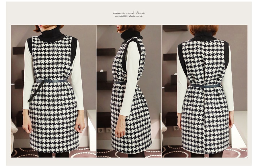 [2017 F/W] Ribbed Knit Top White and Houndstooth Turtleneck Dress Navy with Belt 3 pieces Set One Size(S-M)