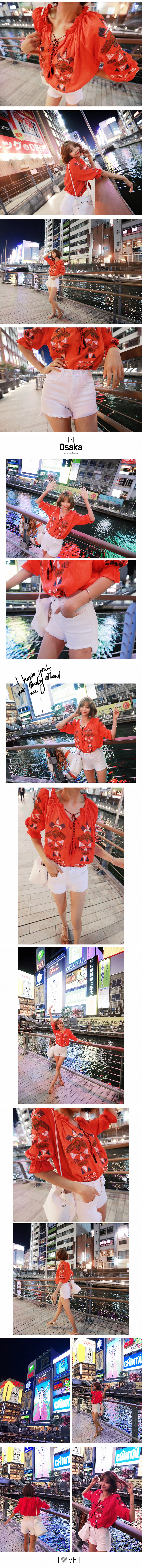 韩国MAGZERO [限量销售] 休闲民族风彩色刺绣荷叶边衬衣 #橘红色 均码(S-M)