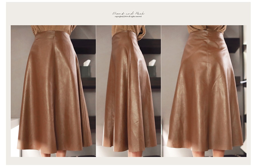 KOREA Faux Leather A-Line Midi Skirt Brown M(27-28) [Free Shipping]