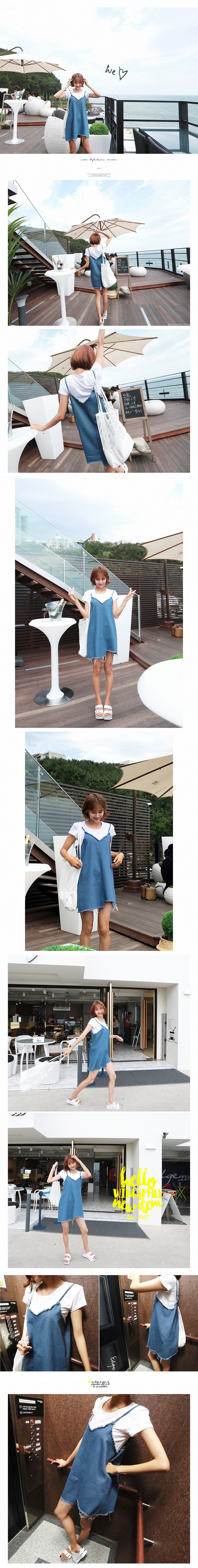 韩国正品 MAGZERO 牛仔连衣裙白色T恤两件套 均码One Size(S-M) [免费配送]