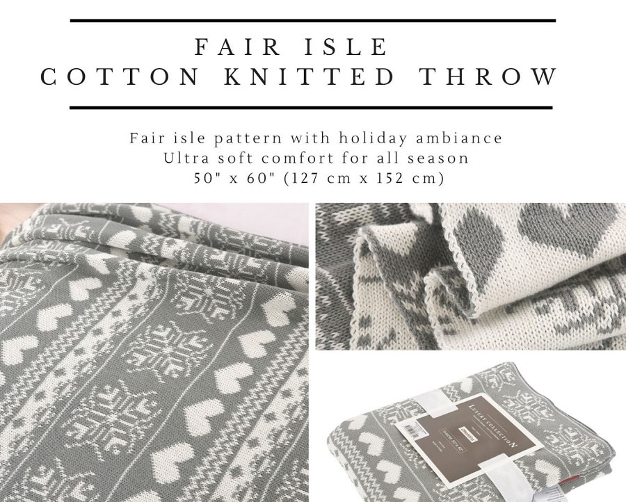 Fair Isle Cotton Knitted Sofa Throw  #Gray