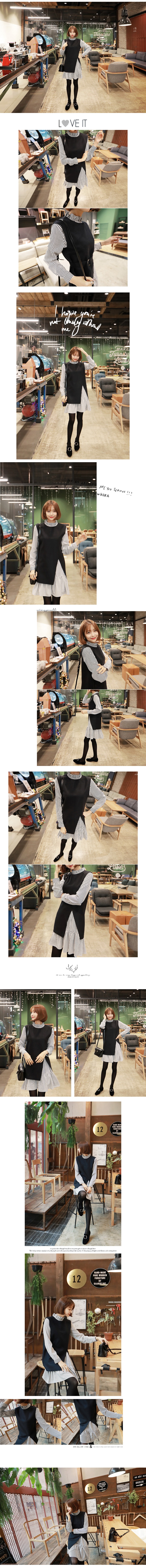 [Autumn New] Wool Blend Vest and Striped frill dress 2 Pieces Set Black&Navy One Size(S-M)