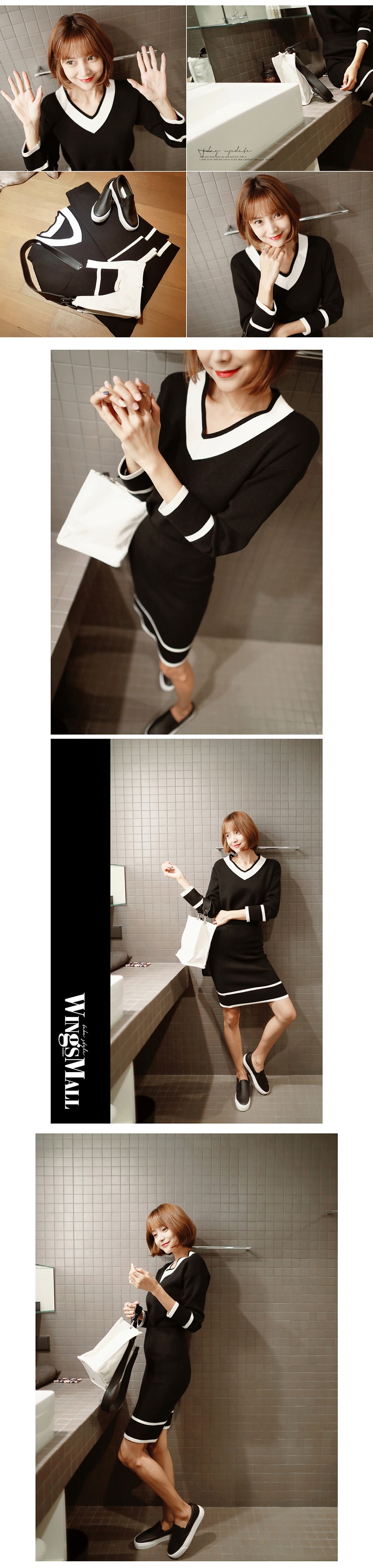 [Autumn New] V-Neck Color Block Knit Top and Skirt 2 Pieces Set Black One Size(S-M)