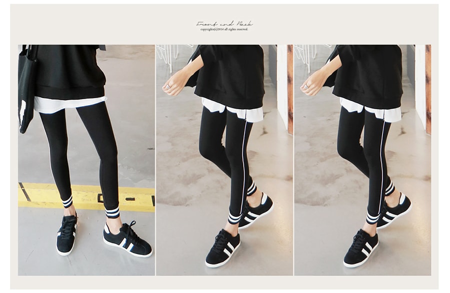 KOREASide Stripe Stretch Ankle Leggings #Black One Size(S-M) [Free Shipping]