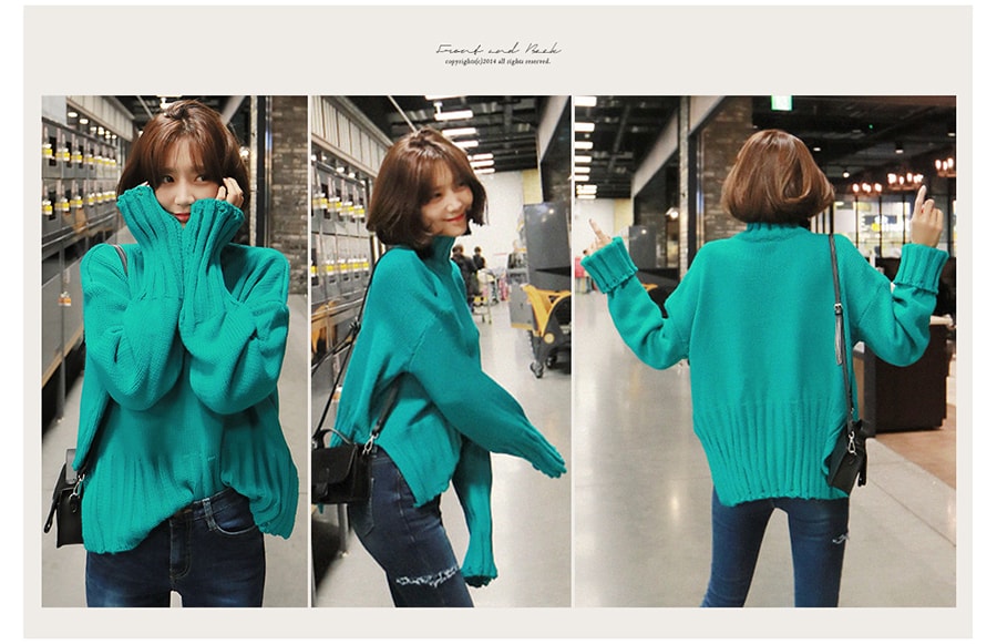 KOREA [Free Shipping] Ribbed Turtleneck Sweater Green One Size(Free)