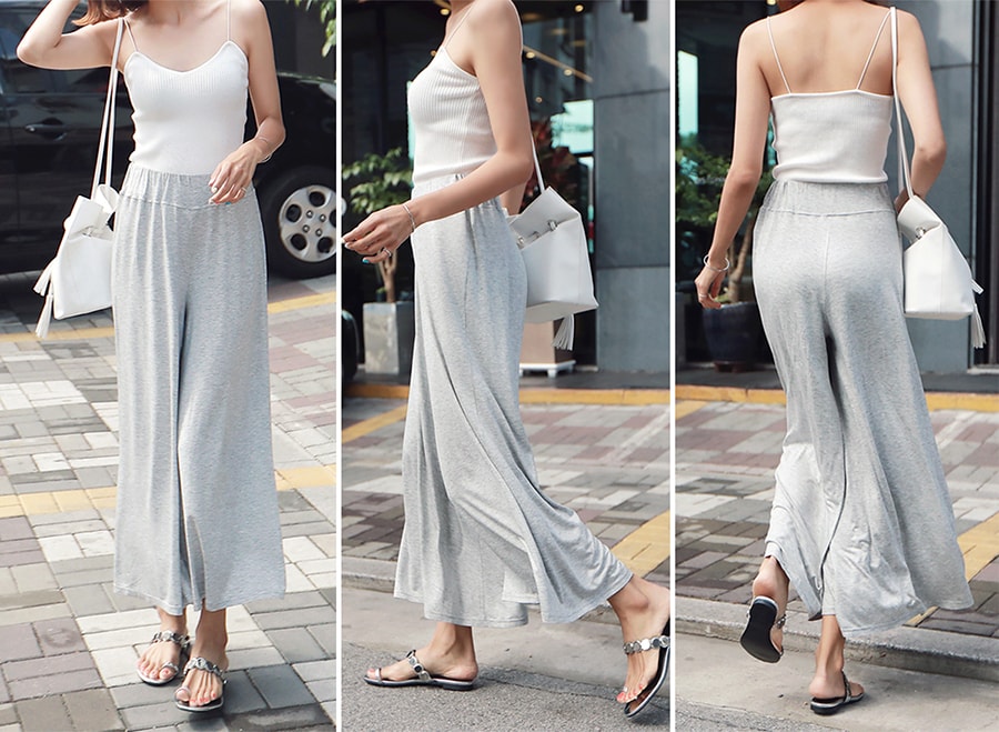 KOREA Elastic Waistband Soft Wide Pants #Grey One Size(S-M) [Free Shipping]