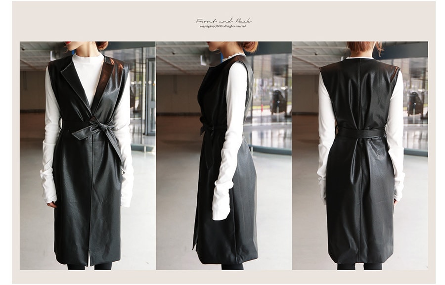 KOREA Collarless Faux Leather Vest Jacket with Belt Black One Size(S-M) [Free Shipping]