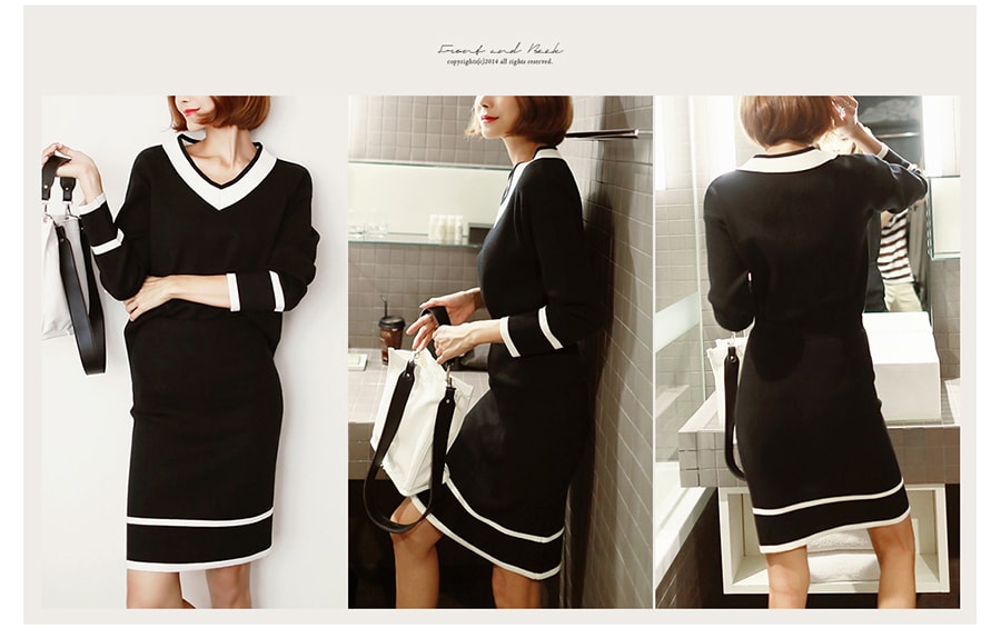 MAGZERO 【秋季新品】 V领色块拼接针织上衣加短裙2件套 #黑色 均码(S-M)