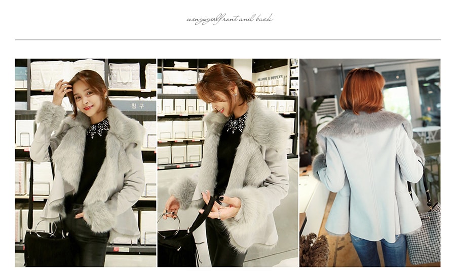 KOREA [Free Shipping] Shawl Collar Faux Fur Jacket Grey One Size(S-M)