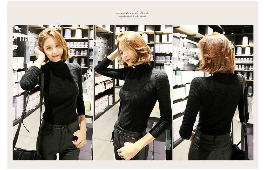 KOREA Mock Neck Stretchy Ribbed Knit Top Black One Size(S-M) [Free Shipping]