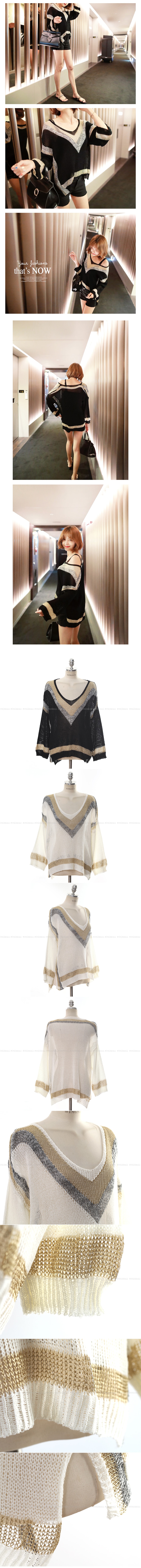 [New Arrival]  V-neck Spun Gold Summer Knit Top #Black One Size(S-M)