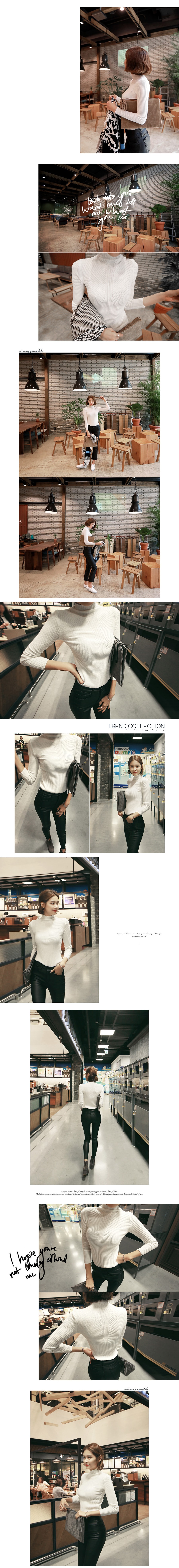 KOREA Mock Neck Stretchy Ribbed Knit Top Ivory One Size(S-M) [Free Shipping]
