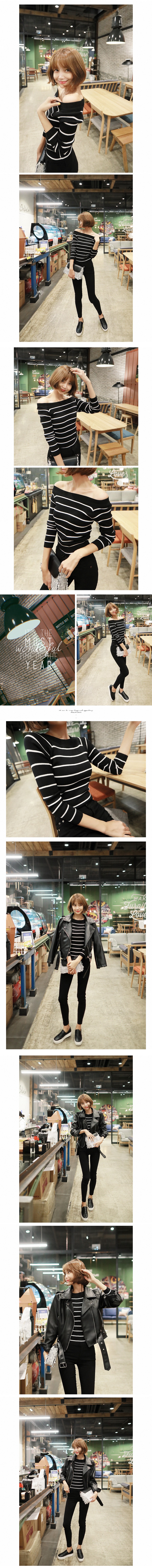 [Autumn New] Striped Knit Top Black One Size(S-M)