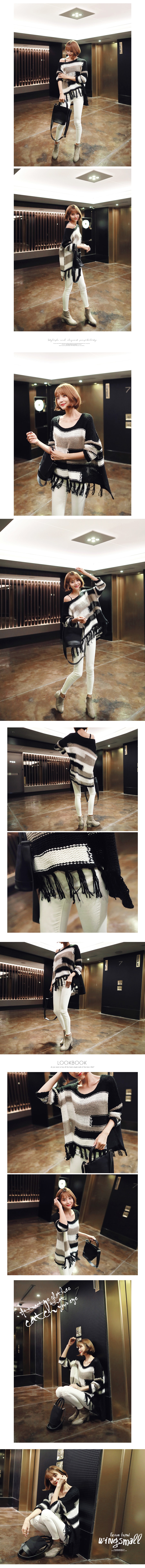 [Autumn New] Color-Block Patchwork Tassel Knit Sweater Black One Size(Free)