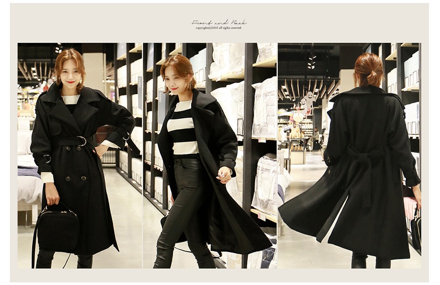 [Limited Quantity Sale] Belted Double Breasted Long Trench Coat Black One Size(S-M)