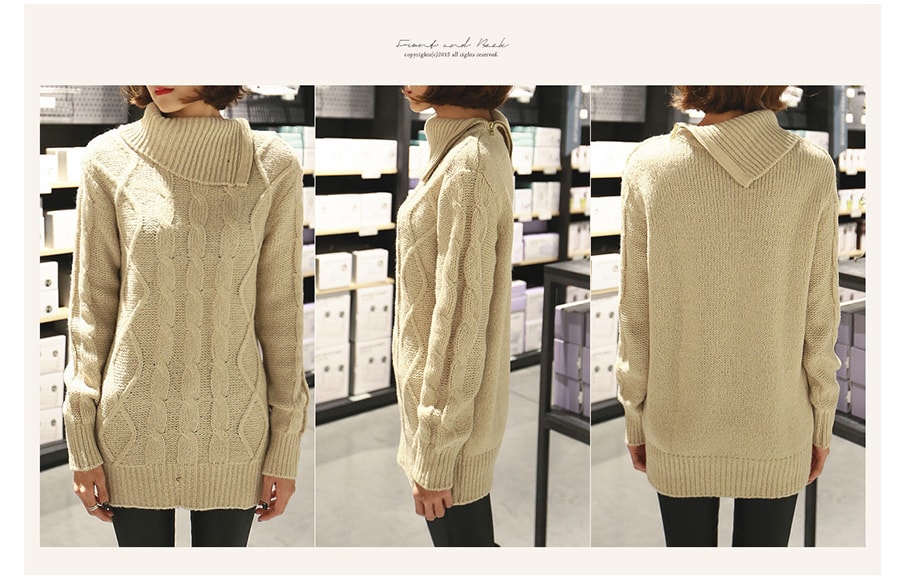 [Limited Quantity Sale] Turtleneck-Zip Cable Knit Wool Blend Sweater Beige One Size(S-M)