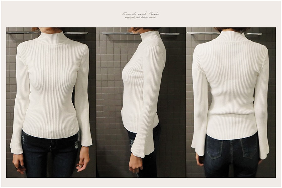 KOREA Mock-Neck Bell Sleeve Ribbed Knit Top Ivory One Size(S-M) [Free Shipping]