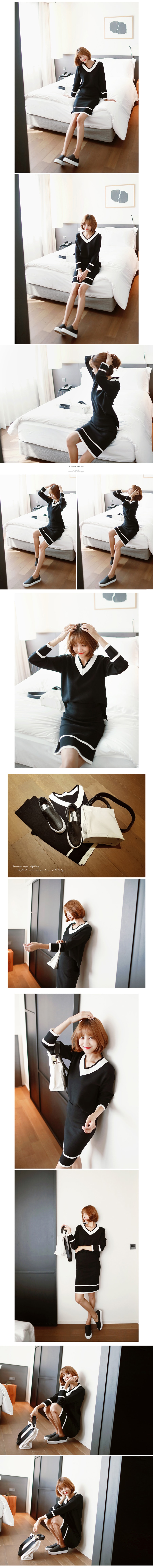 MAGZERO 【秋季新品】 V领色块拼接针织上衣加短裙2件套 #黑色 均码(S-M)