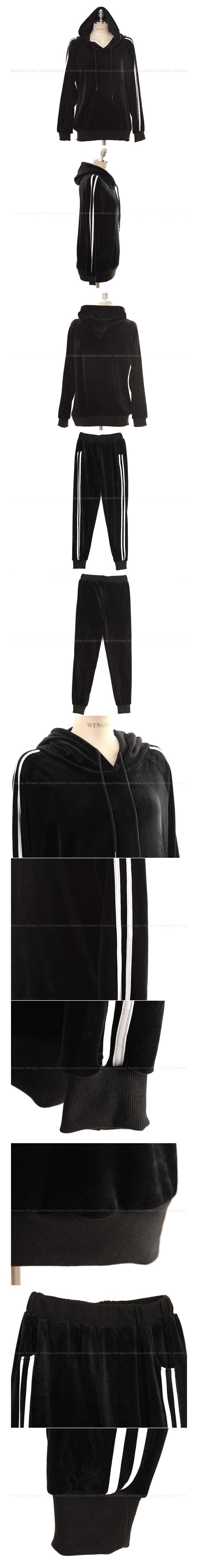 MAGZERO [限量销售] 边条纹天鹅绒连帽衫+运动裤两件套 #黑色 均码(S-M)