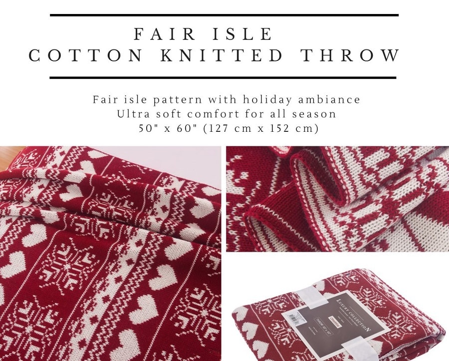 Fair Isle Cotton Knitted Sofa Throw  #Red