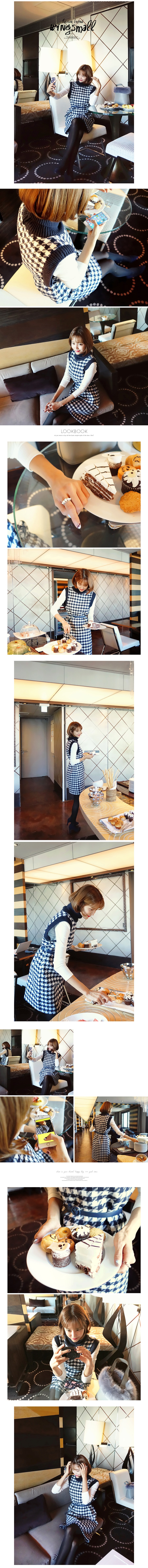 [2017 F/W] Ribbed Knit Top White and Houndstooth Turtleneck Dress Navy with Belt 3 pieces Set One Size(S-M)