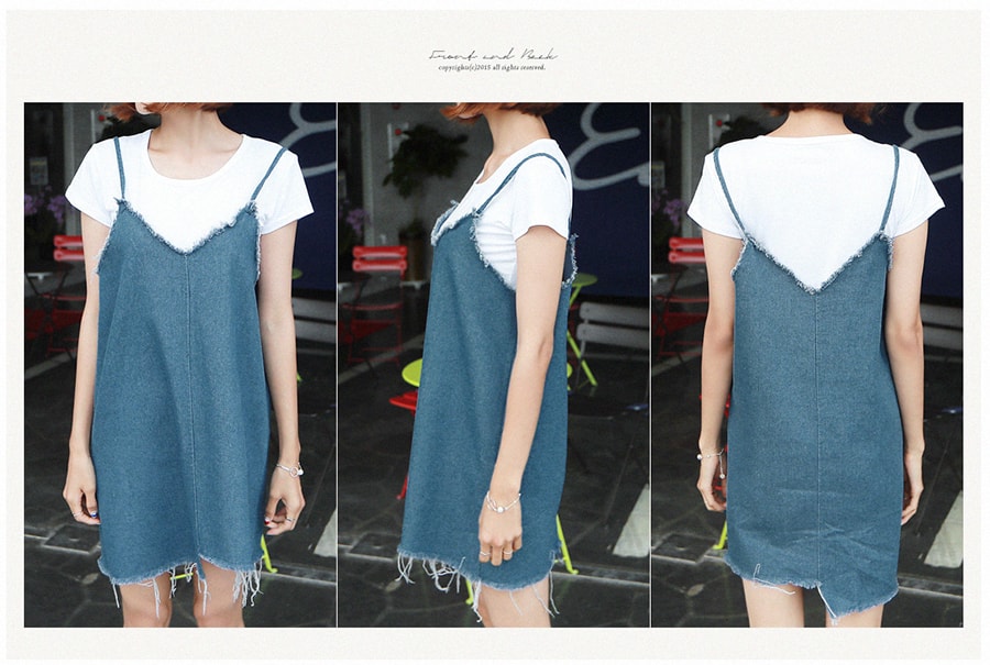 KOREA Denim Cami Dress and White T-shirt 2 Pieces Set One Size(S-M) [Free Shipping]