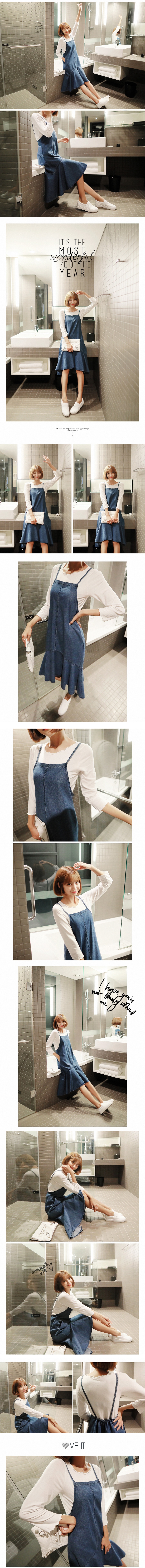 [Autumn New Set] Tie-Shoulder Denim Dress and White Soft T-Shirt 2 Pieces Set One Size(S-M)