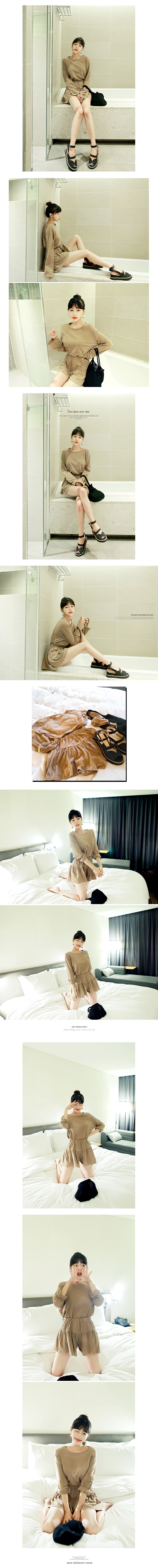 KOREA Raglan T-shirt+Wide Leg Shorts 2 Pieces Set #Beige One Size(S-M) [Free Shipping]