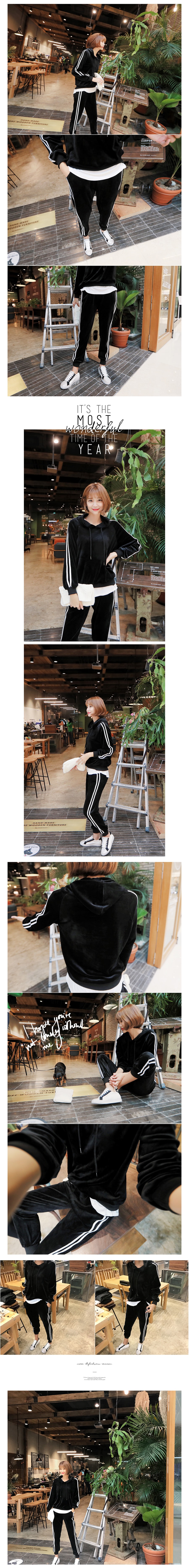 [Limited Quantity Sale] Side Stripe Velvet Hoodie and Jogger Pants 2 Pieces Set #Black One Size(S-M)