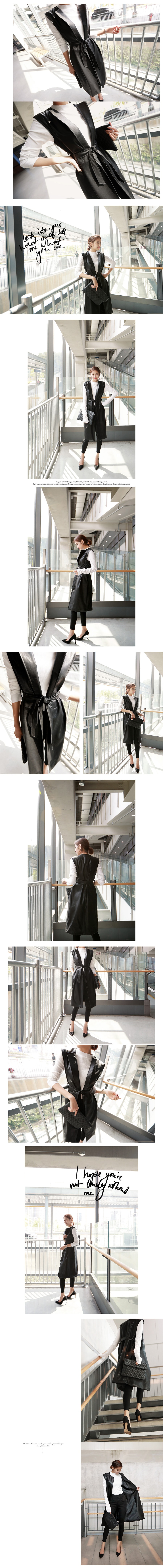 KOREA Collarless Faux Leather Vest Jacket with Belt Black One Size(S-M) [Free Shipping]
