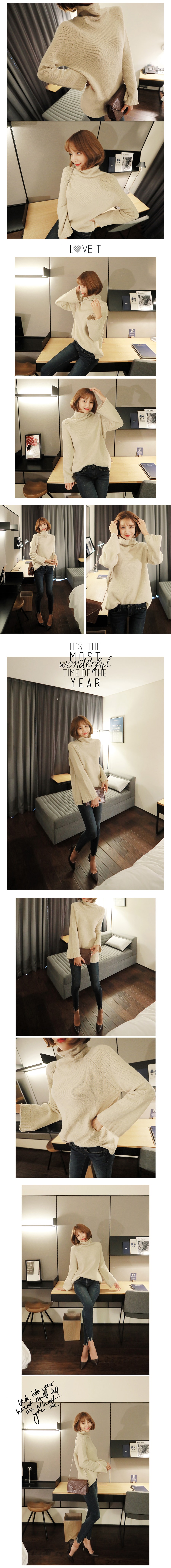 KOREA Wide Long Sleeve Turtleneck Sweater Beige One Size(Free) [Free Shipping]