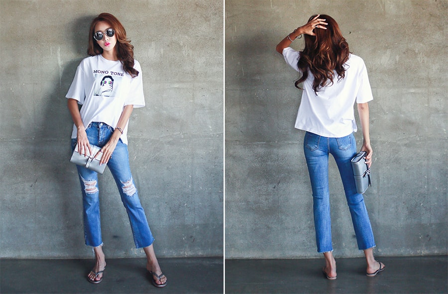[Special Offer] Silver Letters Print T-Shirt 2 Pieces Set #White+Navy One Size(S-M)