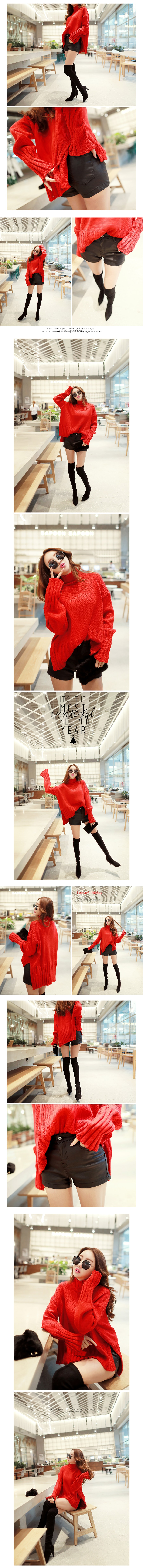 KOREA Ribbed Turtleneck Sweater Red One Size(Free) [Free Shipping]