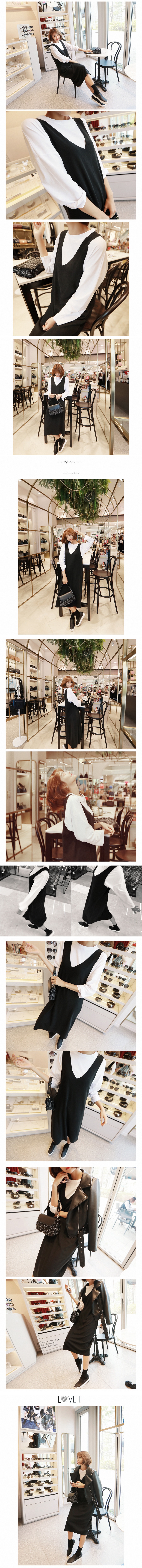 KOREA Deep V-Neck Ribbed Knit Dress+Long Sleeve T-Shirt 2 pieces #Black+White One Size(S-M) [Free Shipping]