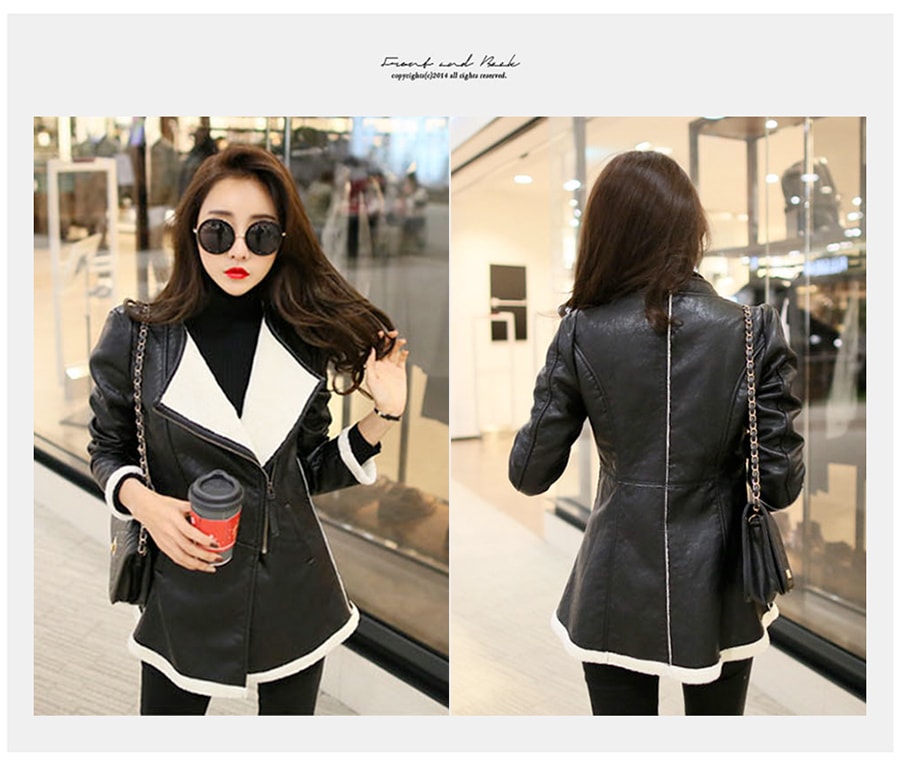 KOREA Faux Leather+Shearling Oblique Zipper Jacket Black One Size(S-M) [Free Shipping]