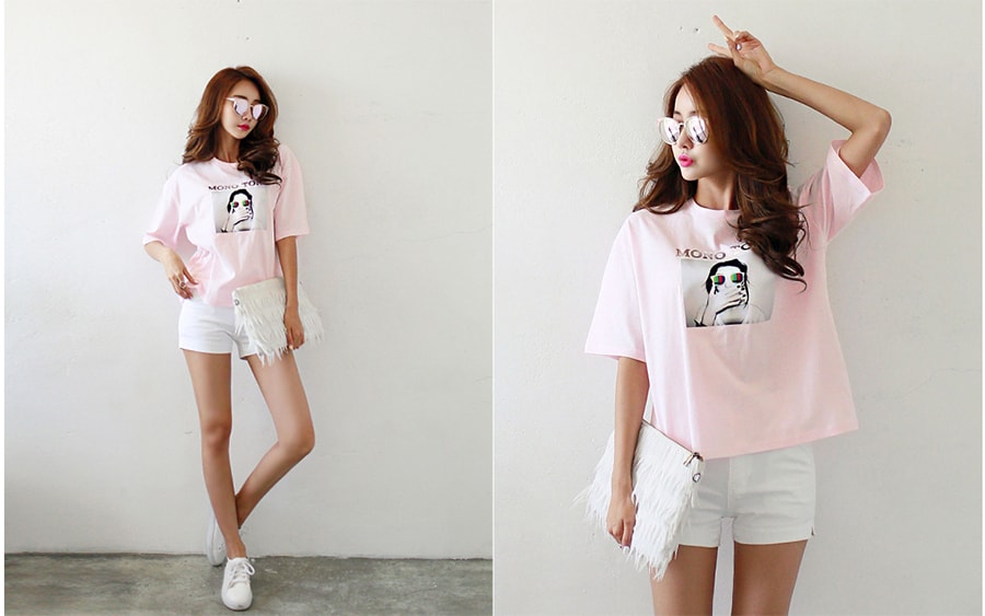 [Special Offer] Silver Letters Print T-Shirt 2 Pieces Set White+Pink One Size(S-M)