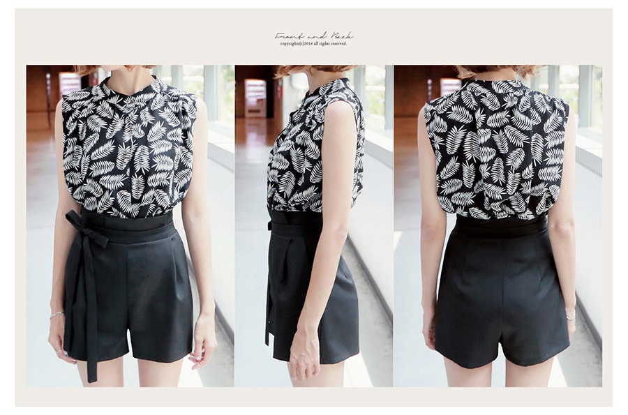 [Special Offer] Leaf Print Blouse and Culottes Shorts 2 Pieces Set One Size(M/27-29)