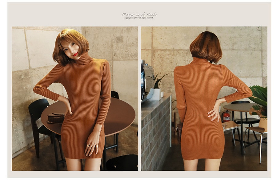 KOREA Turtelneck Ribbed Knit Bodycon Mini Dress Camel One Size(S-M) [Free Shipping]