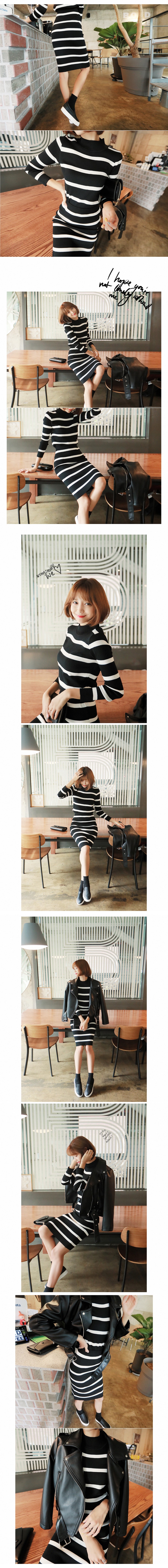 KOREA Mock Neck Striped Knit Top and +Skirt 2 Pieces Set #Black One Size(S-M) [Free Shipping]
