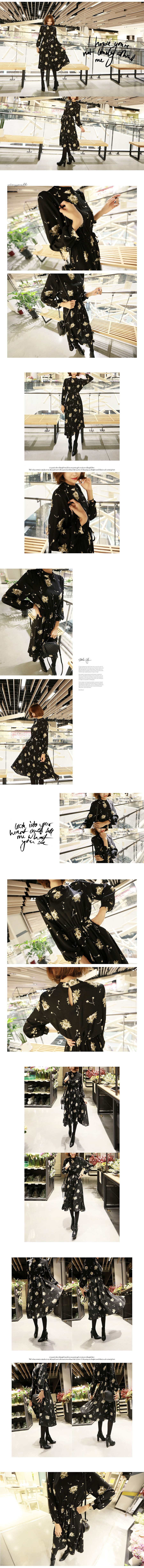 [Limited Quantity Sale] Floral Print Flare Dress Black One Size(S-M)